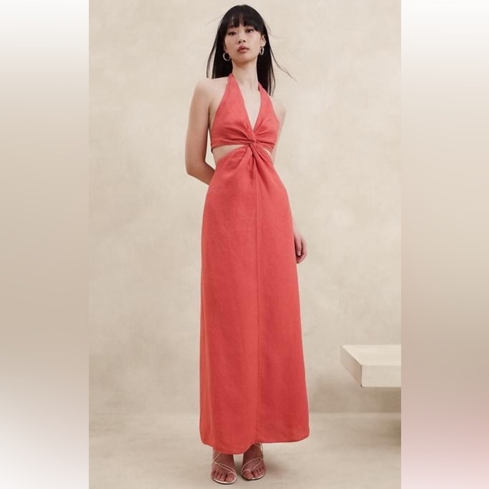 Peach Linen Cut Out Halter Midi Dress